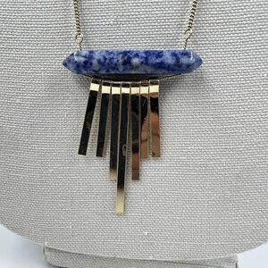 Gold Tone Necklace Sodalite Bar Fan Pendant 28” Long Boho Minimalist